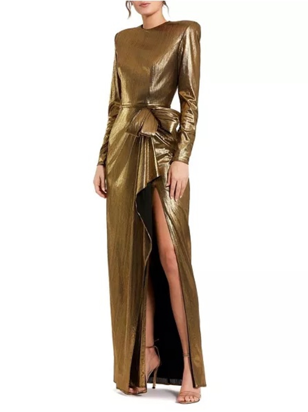 Mac Duggal
Metallic Jersey Long Sleeve Bow Detail Thigh High Slit Gown